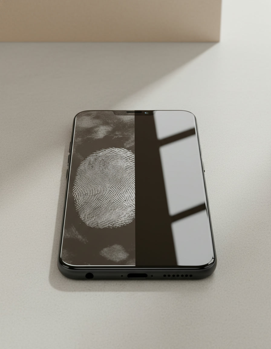 Smartphone with fingerprint on screen on a light surface