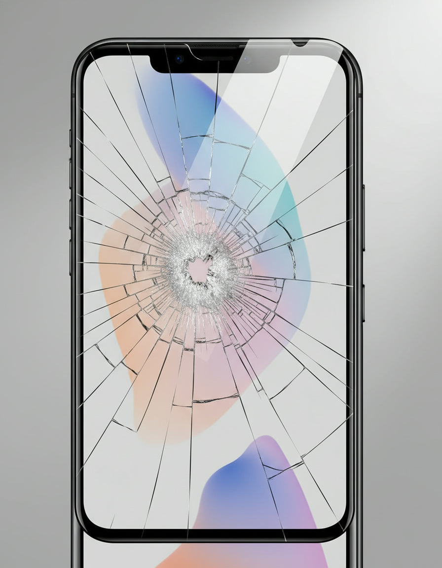 Smartphone with a cracked screen on a gray background