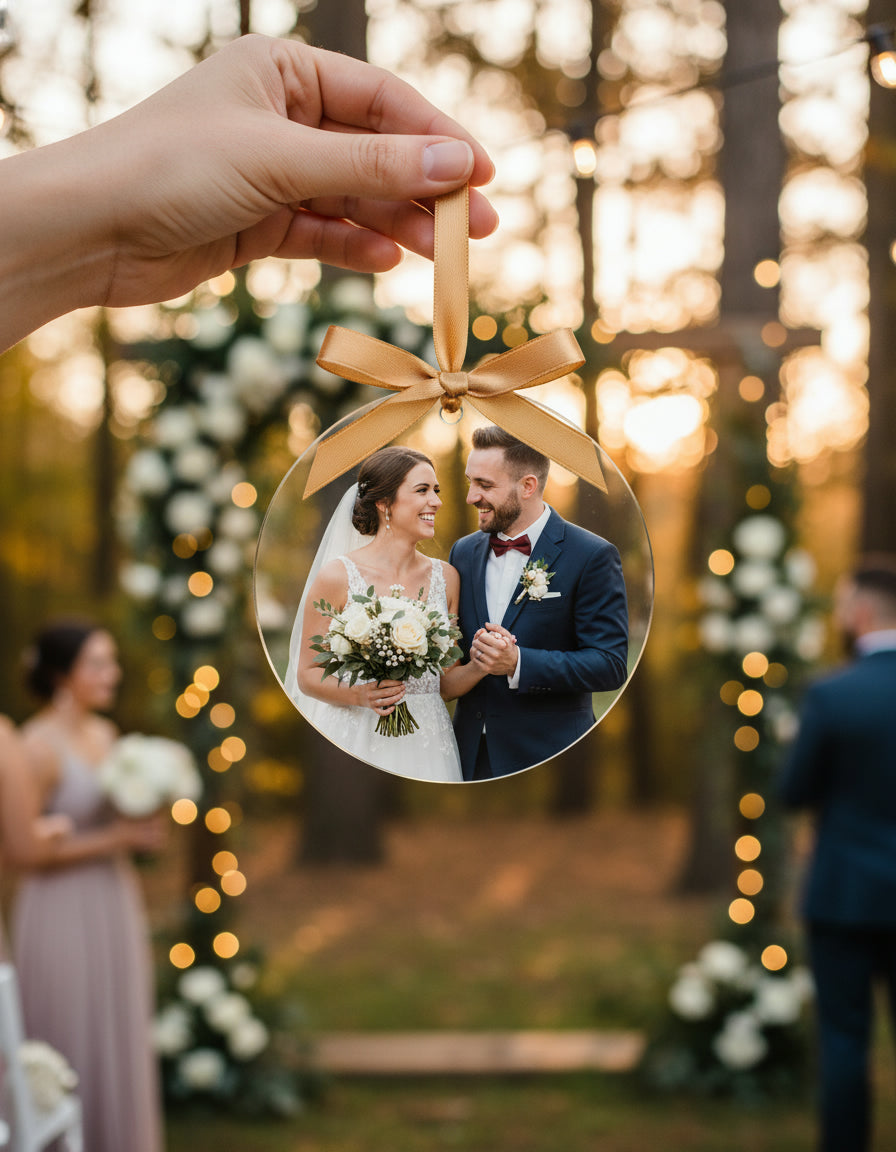 Decorative ornament with a couple on a blurred wedding background
