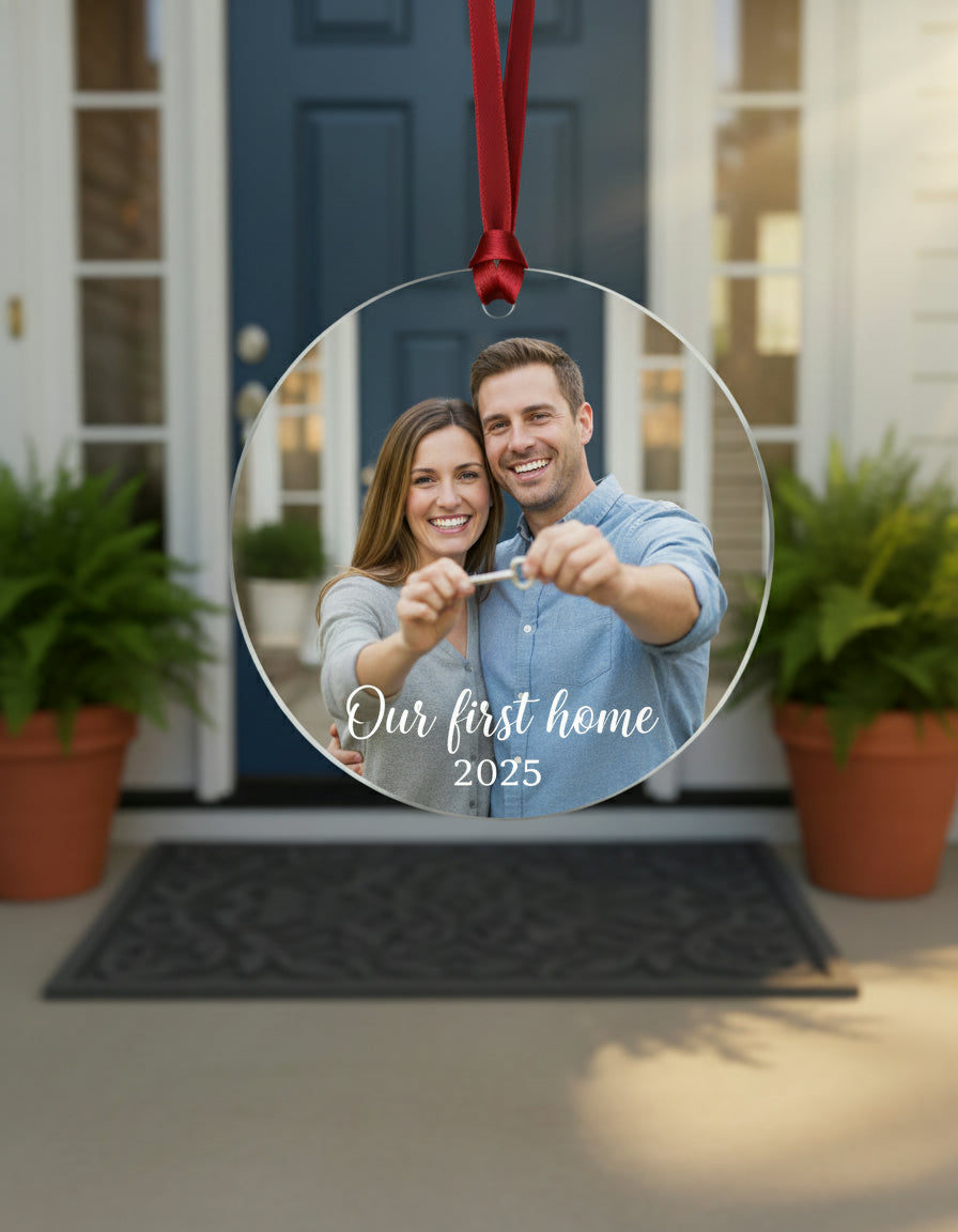 Decorative ornament with a couple's photo and 'Our first home 2025' text, hanging in front of a house.