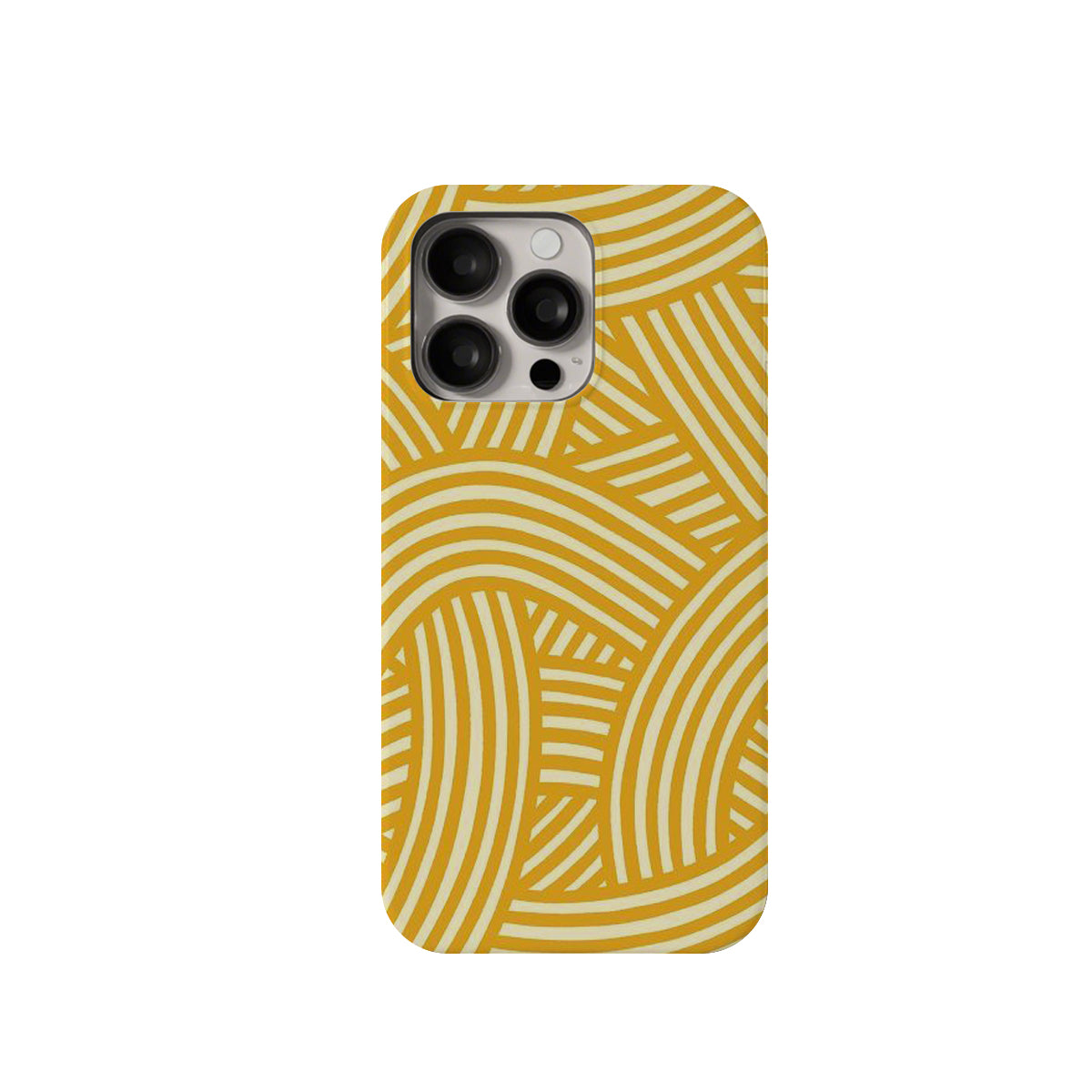 Phone case with yellow and white abstract pattern on a white background