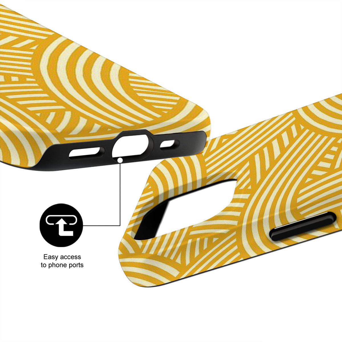 Yellow and white patterned phone case with ports highlighted on a white background