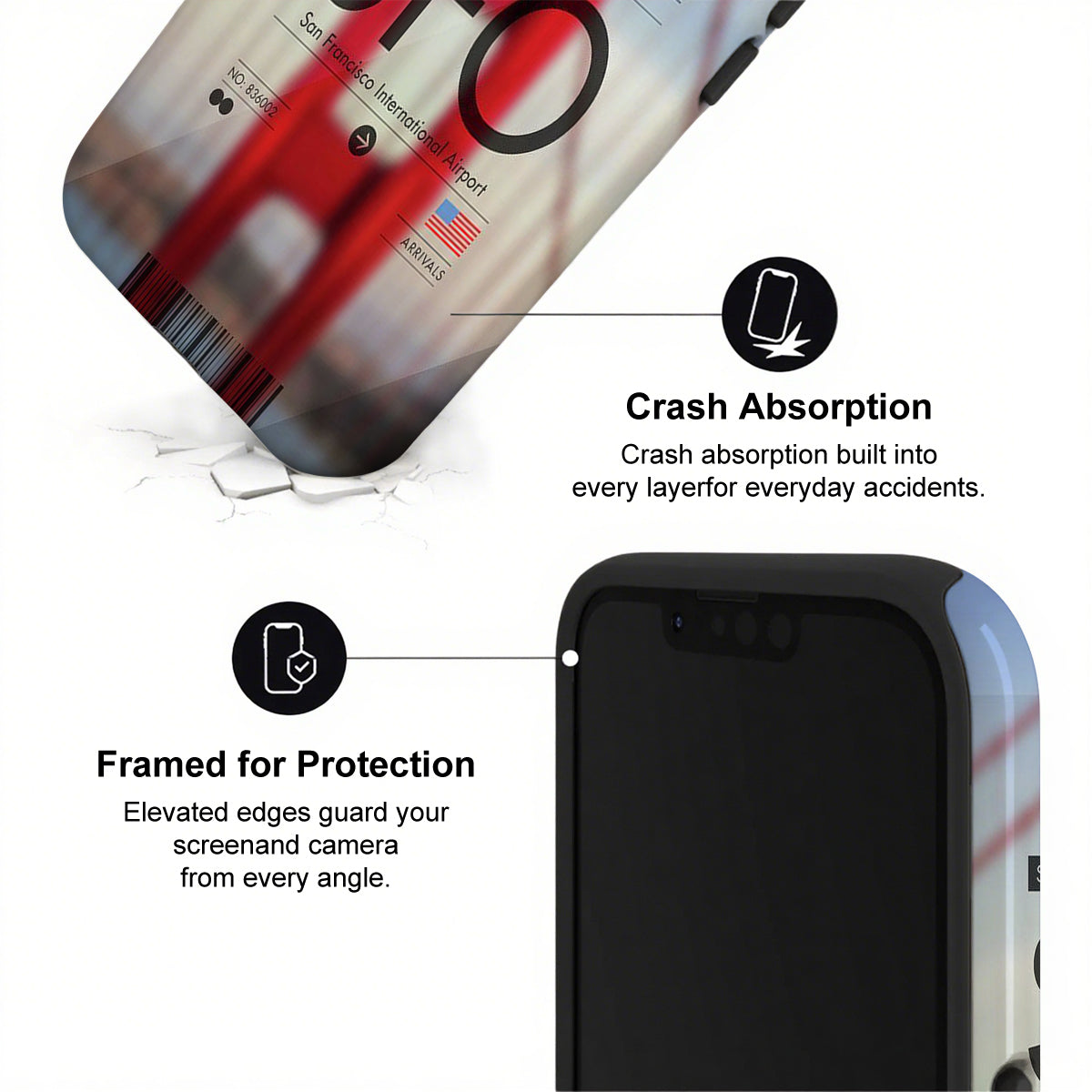 Phone case with crash absorption and framed protection features on a white background