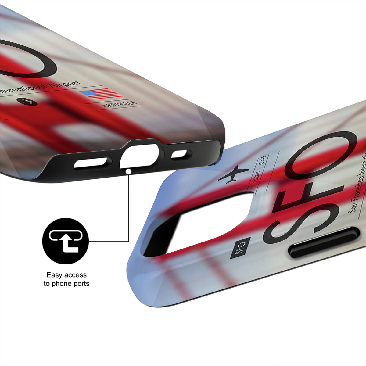 Phone case with 'SFO' design and American flag, showing ease of access to phone ports.