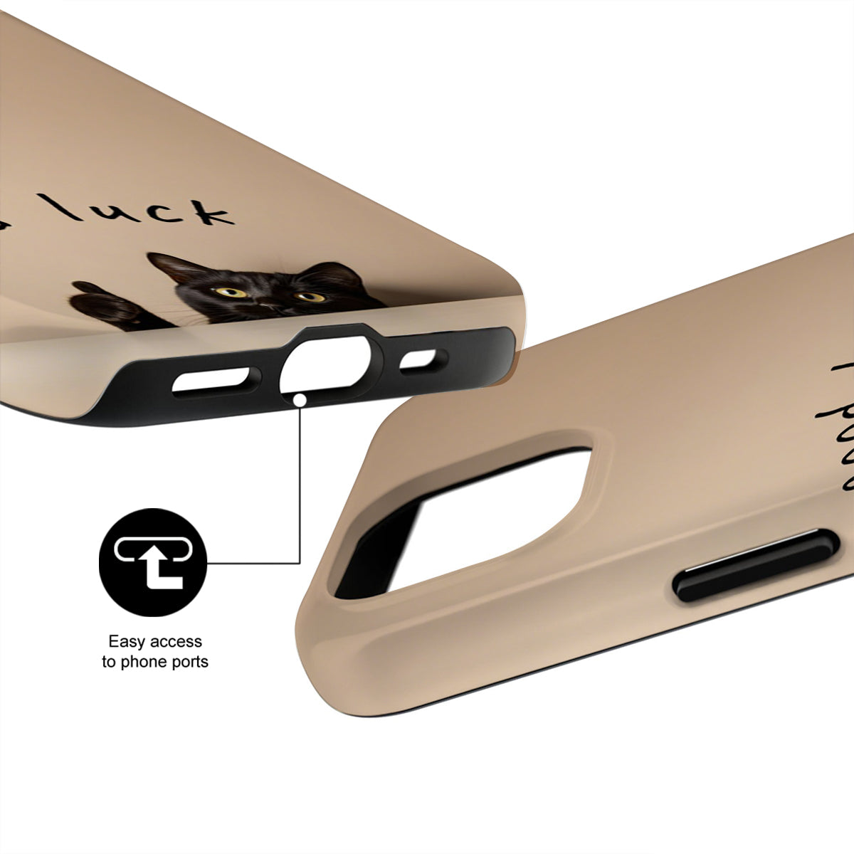 Beige phone case with a cat illustration and text, showing ease of access to phone ports.