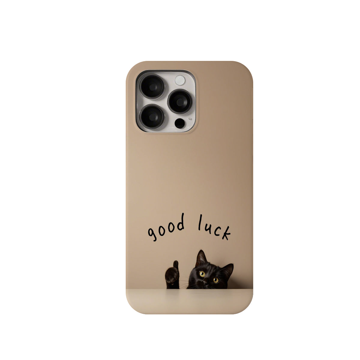 Beige phone case with a cat design and 'good luck' text on a white background