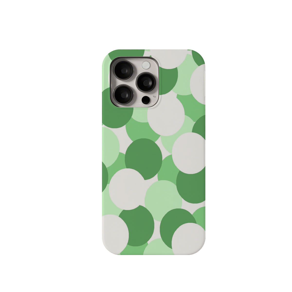 Phone case with green and white polka dot pattern on a white background