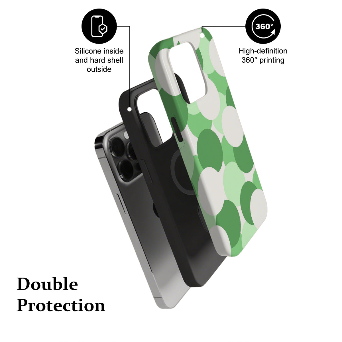 Phone case with green and white pattern on a white background