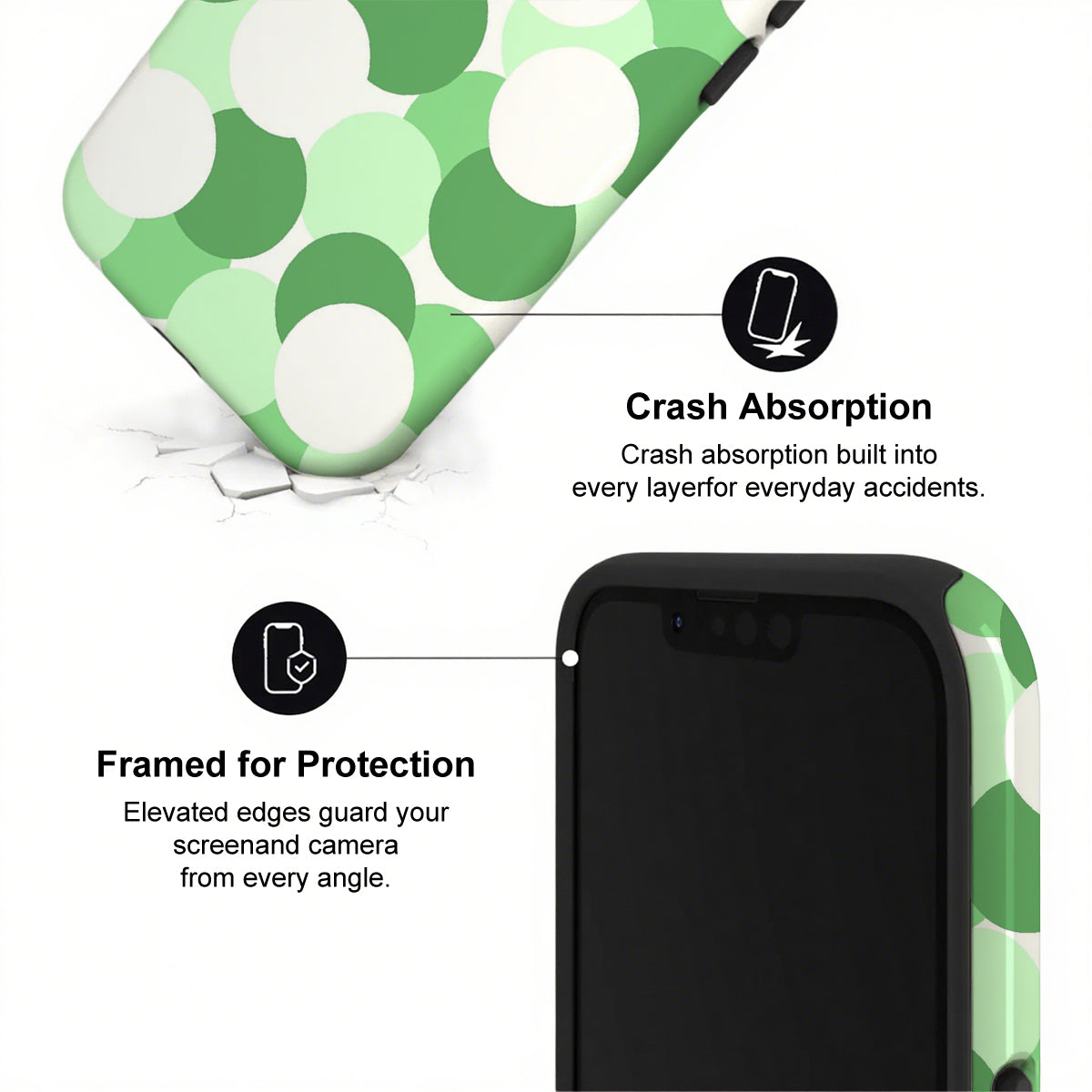 Phone case with green and white circular pattern and text highlighting crash absorption and protection features.