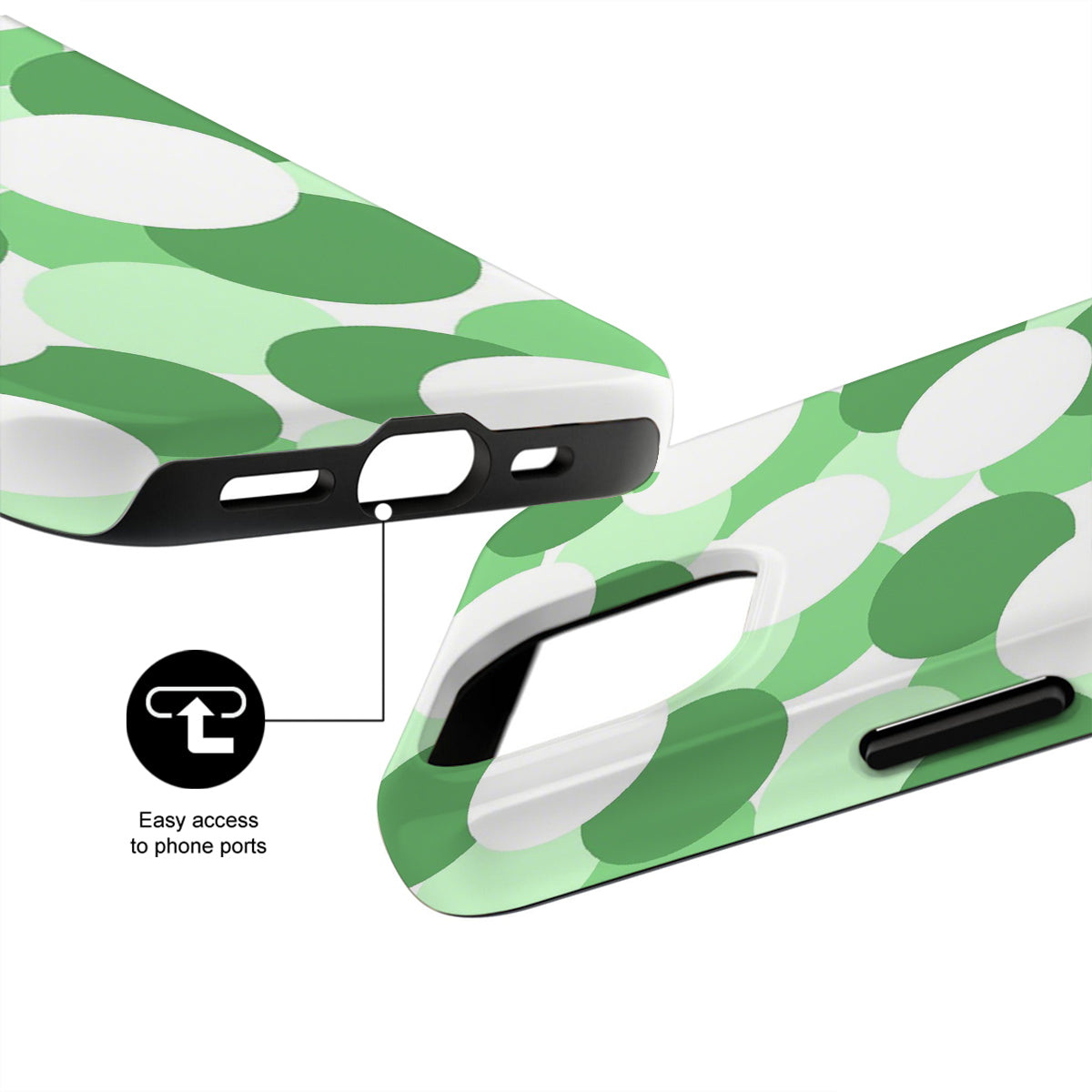 Green and white camouflage phone case with ports easily accessible design on a white background