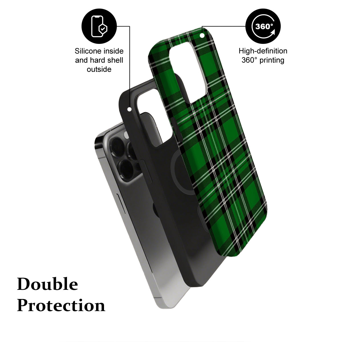 Green plaid phone case with text highlighting features on a white background
