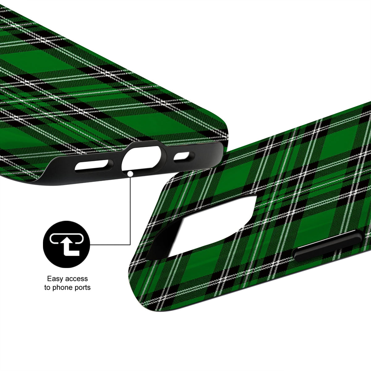 Green plaid phone case with clear plastic window for phone ports on a white background