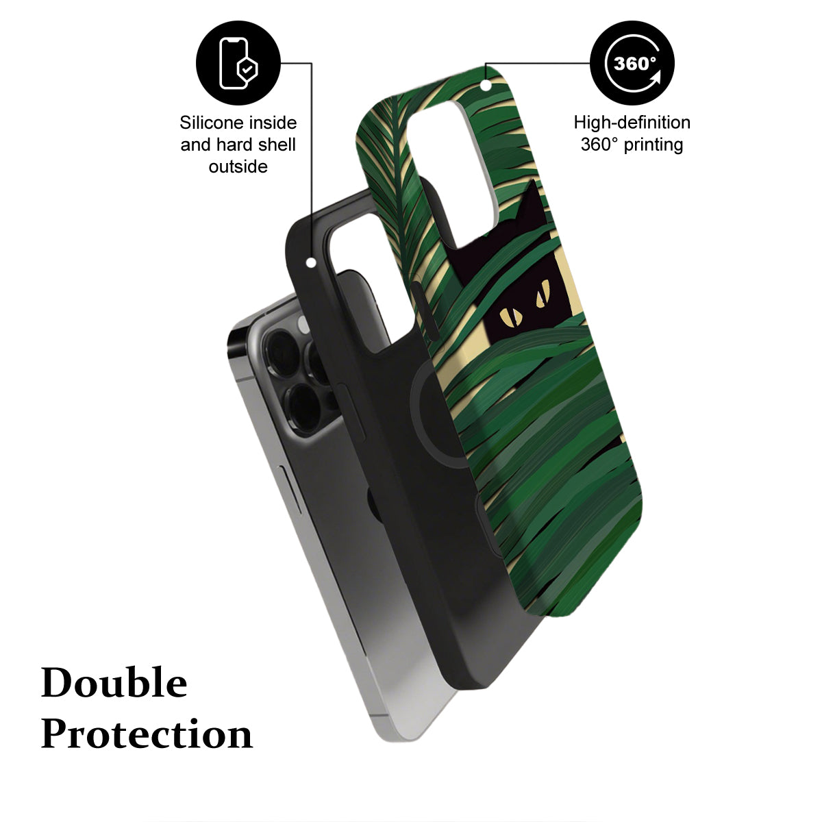 Phone case with green leaf pattern and text highlighting features on a white background