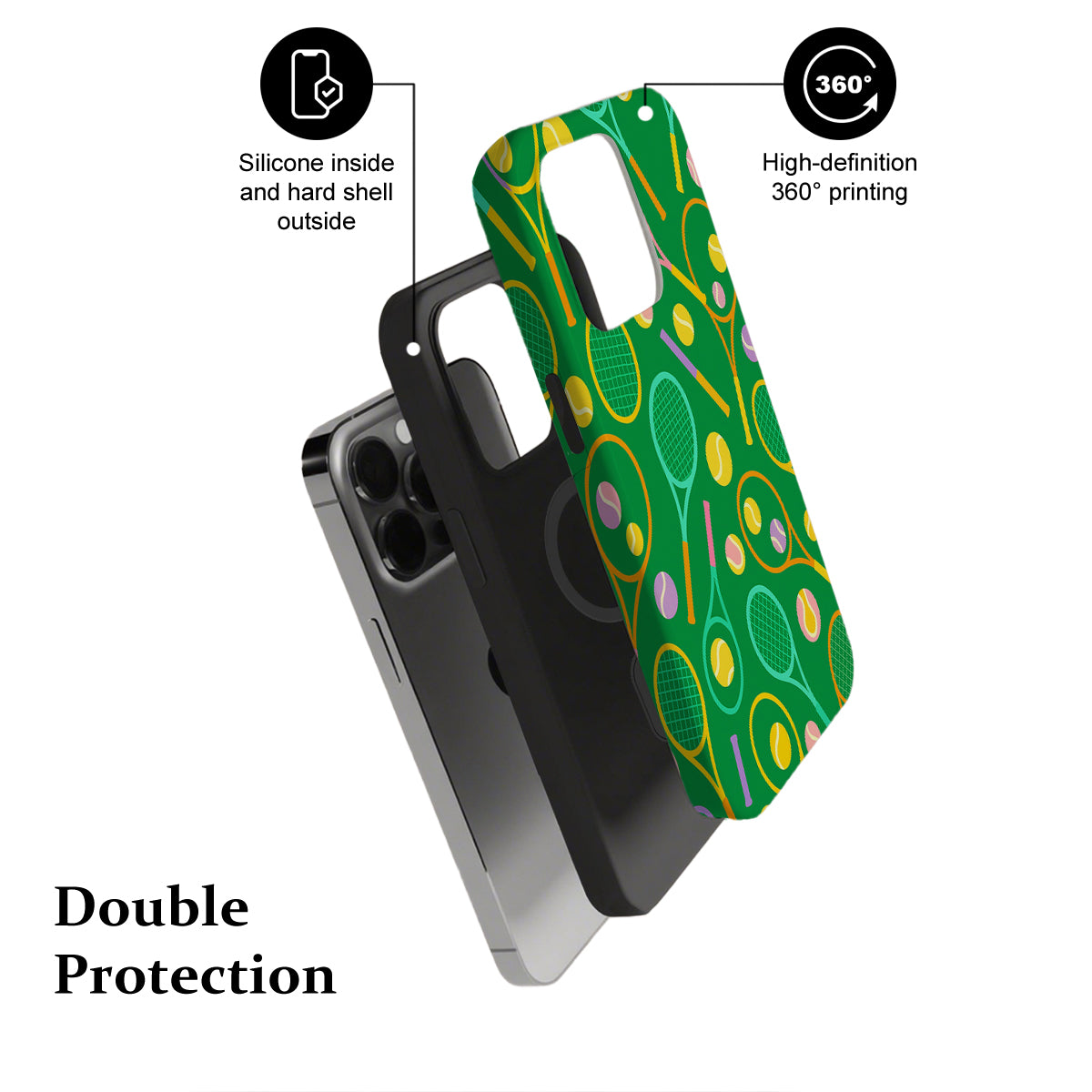 Phone case with green tennis racket design and text highlighting features on a white background