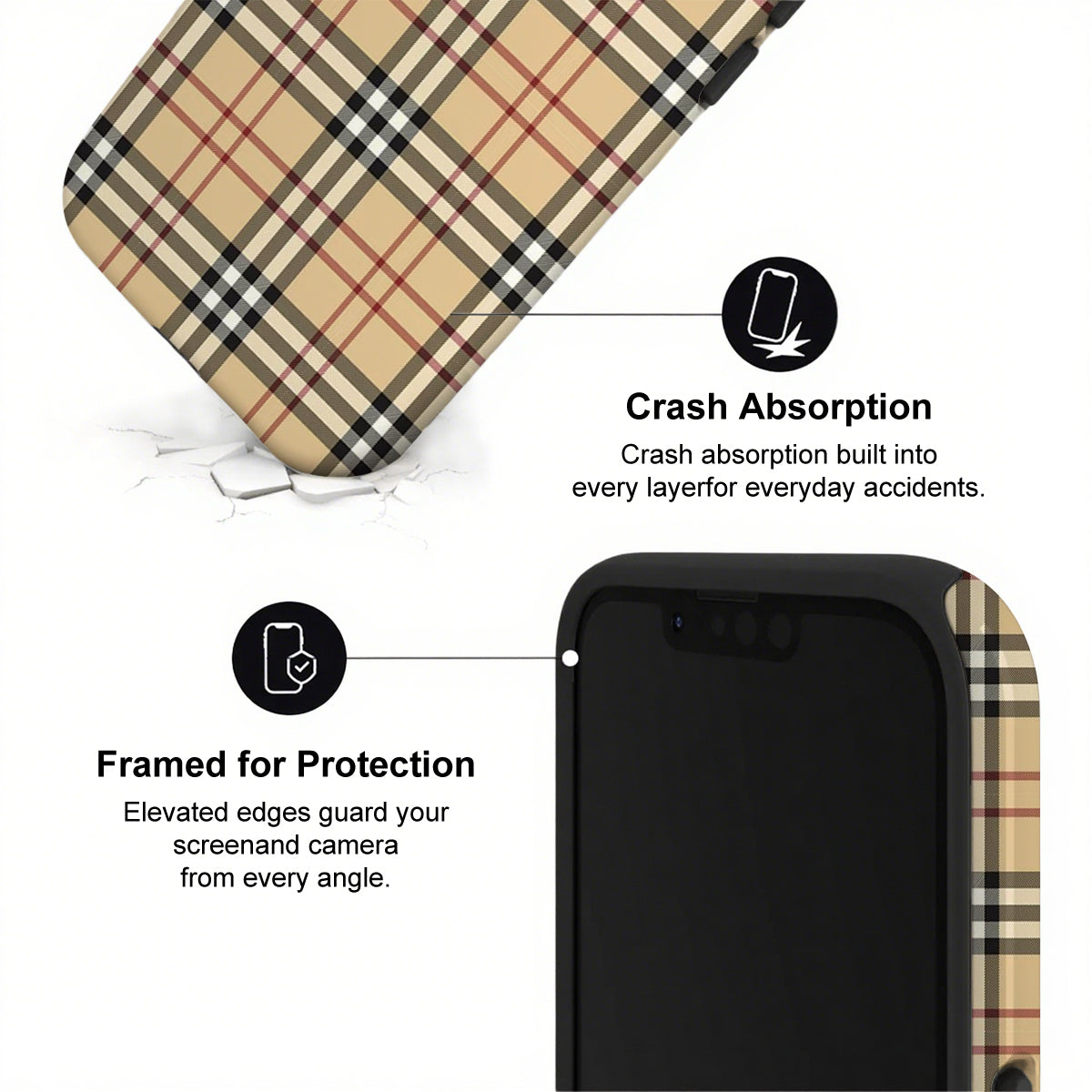 Phone case with plaid design and text highlighting crash absorption and protection features.