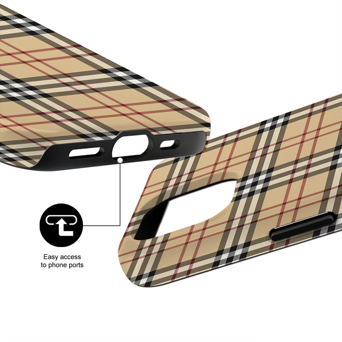 Plaid patterned phone case with clear plastic back on a white background