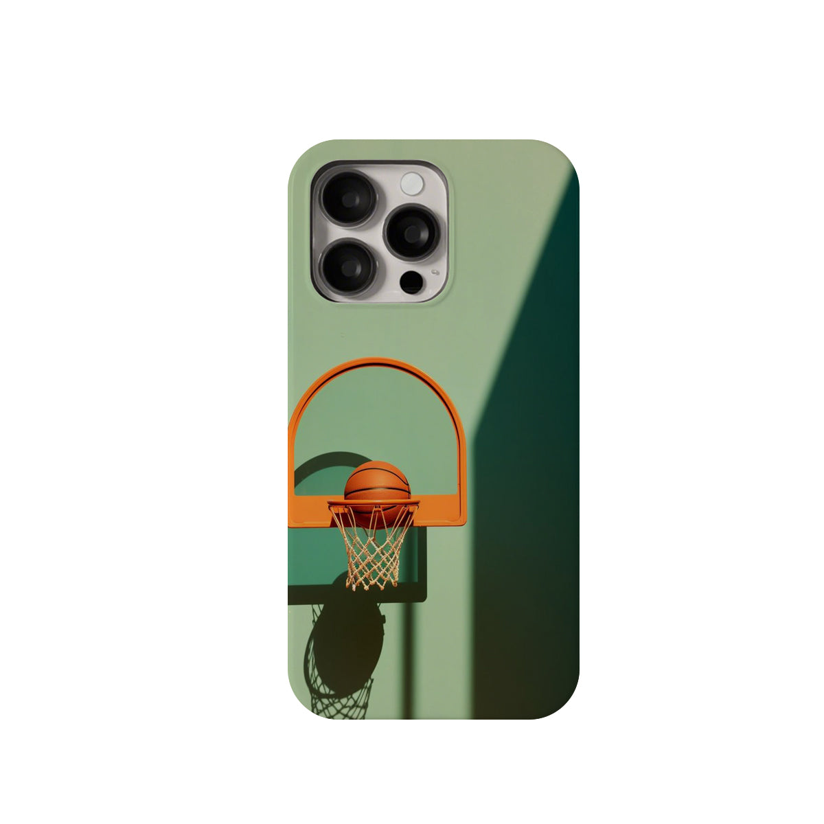 Phone case with basketball hoop and ball design on a green background