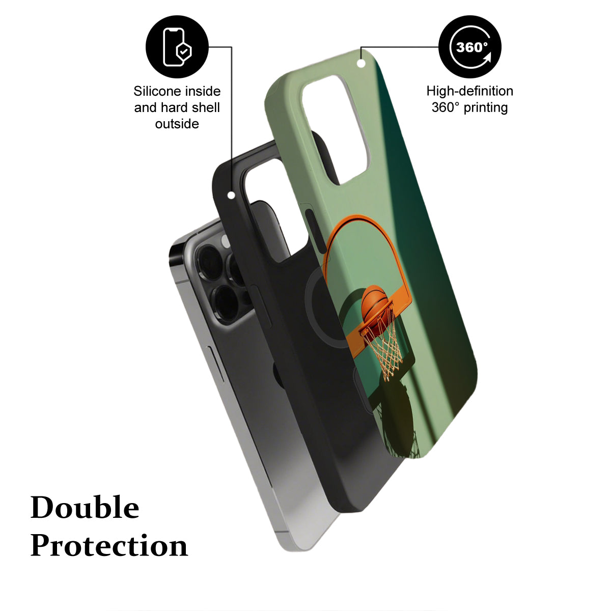 Phone case with basketball design and text highlighting features on a white background