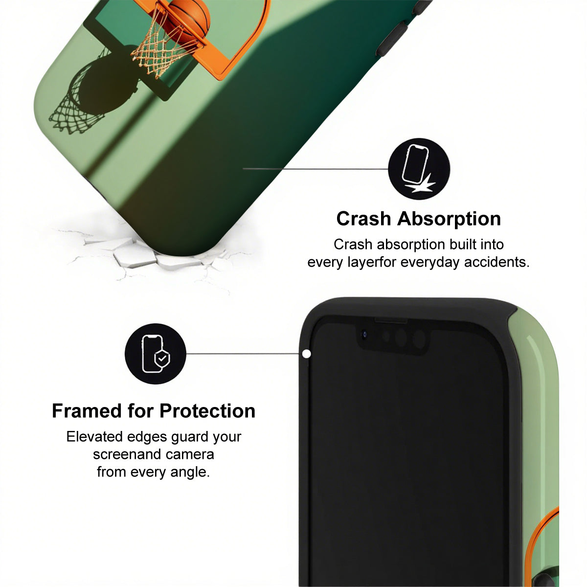 Phone case with basketball hoop design and text about crash absorption and protection.