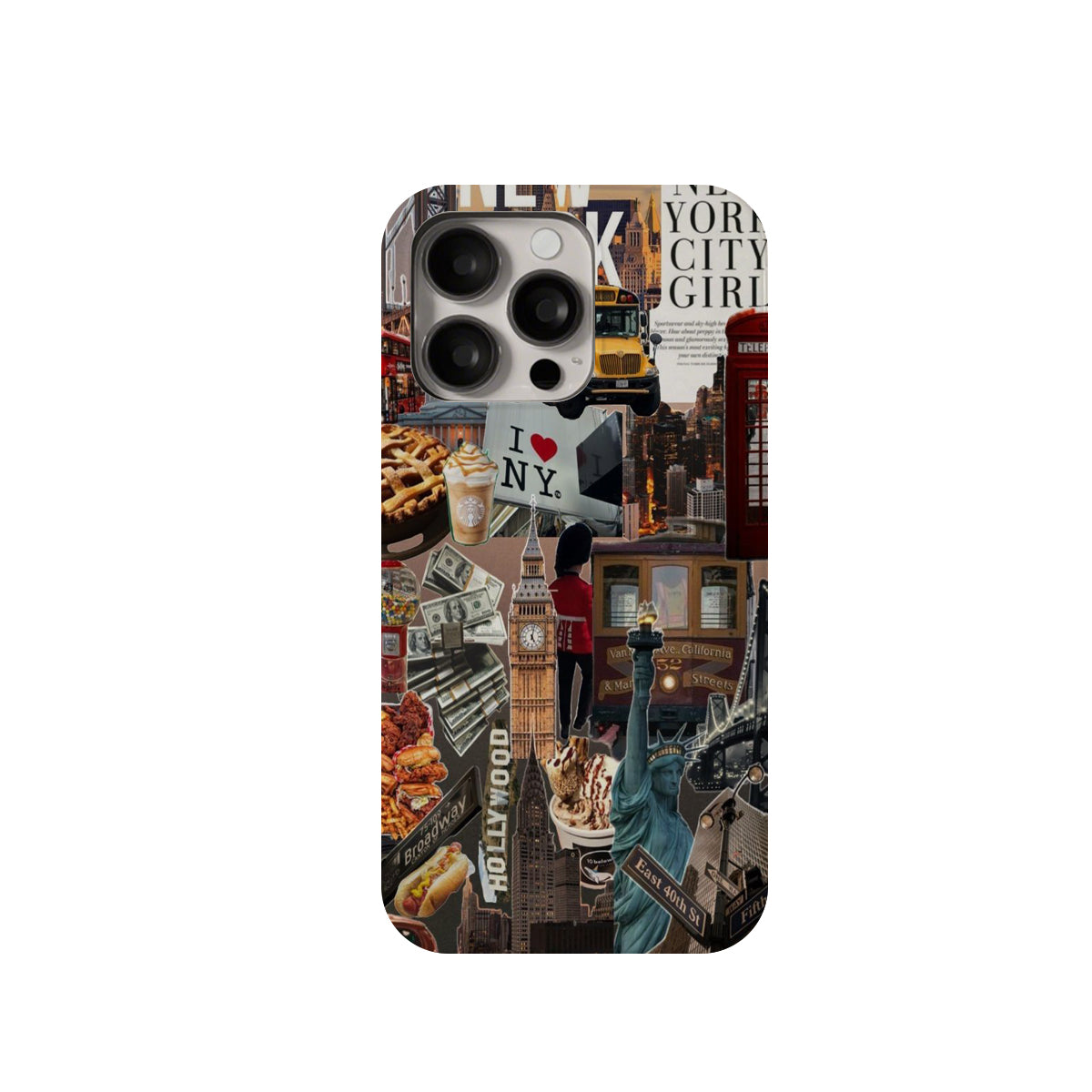 Phone case with New York-themed collage featuring iconic landmarks and elements.