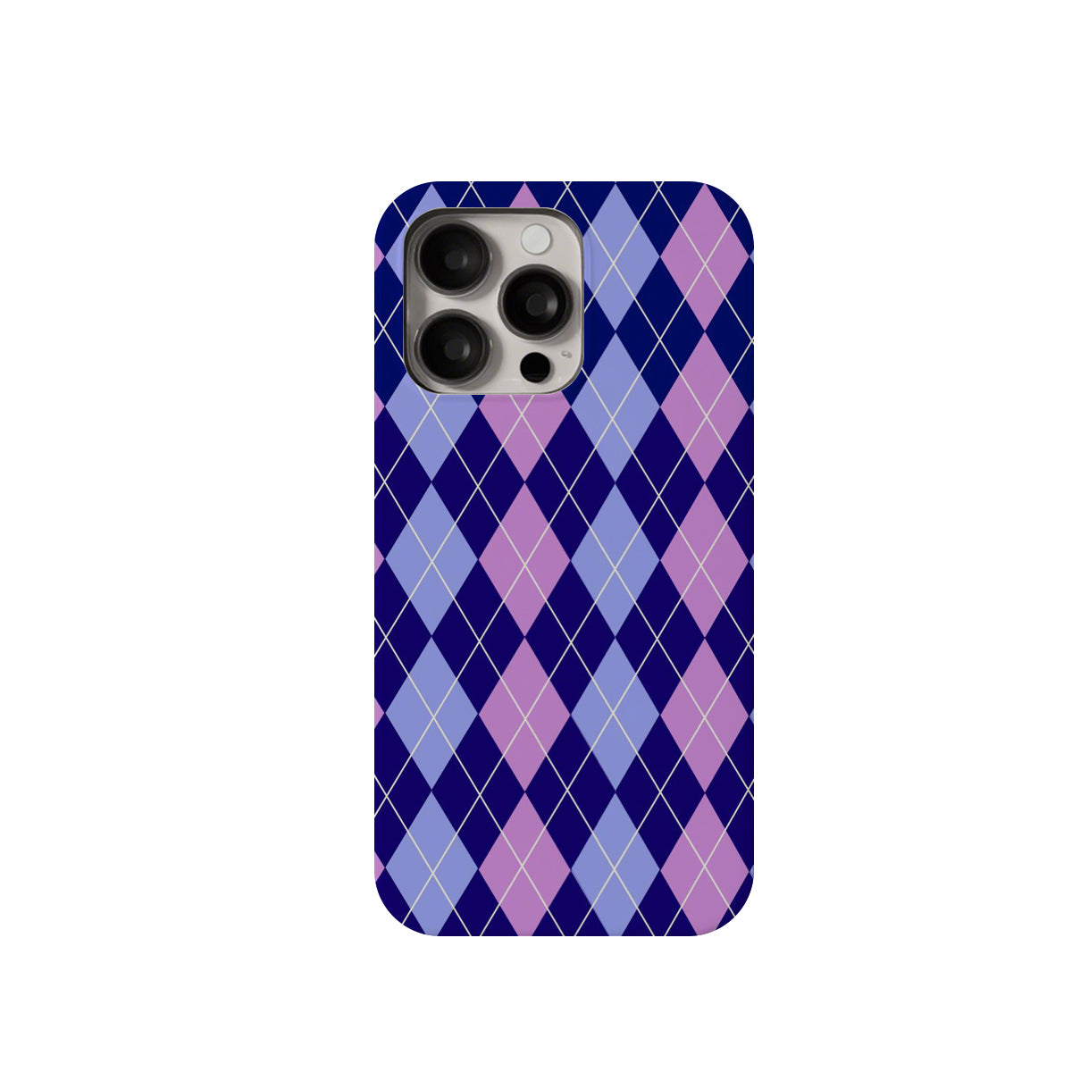 Phone case with blue and purple argyle pattern on a white background