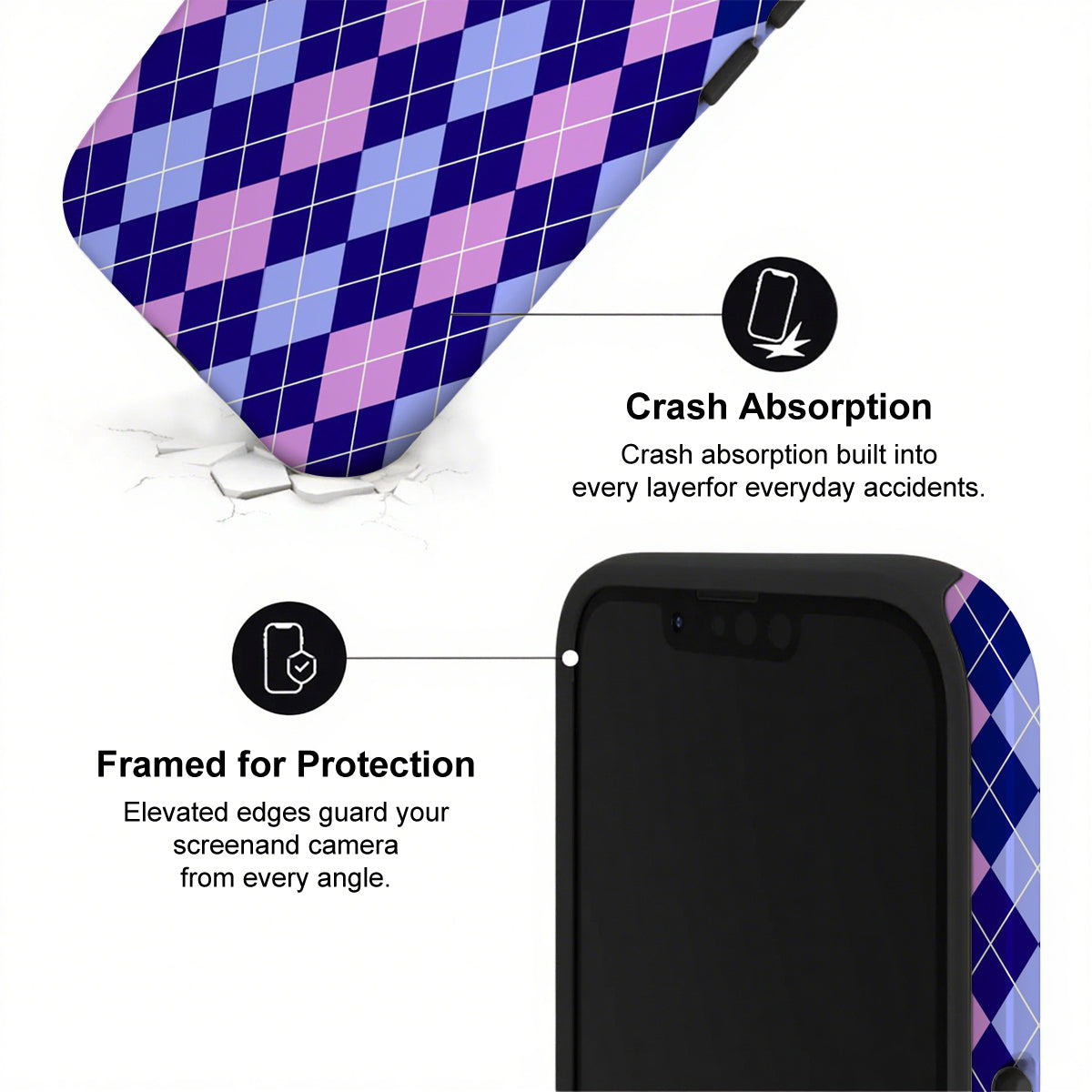 Phone case with plaid design and text highlighting crash absorption and protection features.