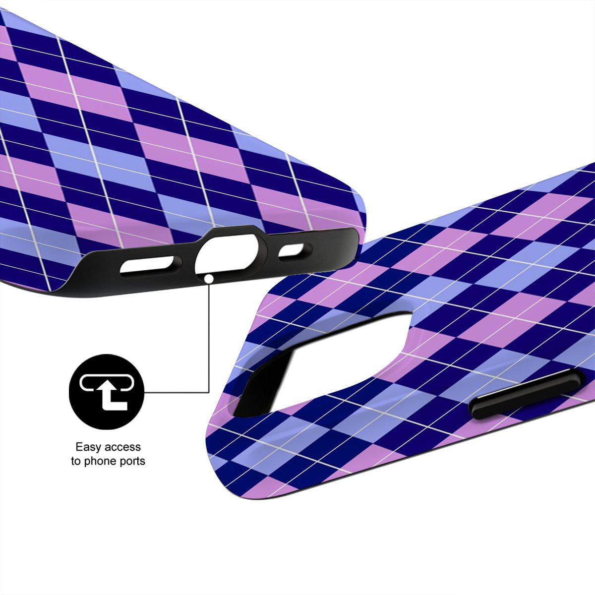 Plaid phone case with ports labeled on a white background