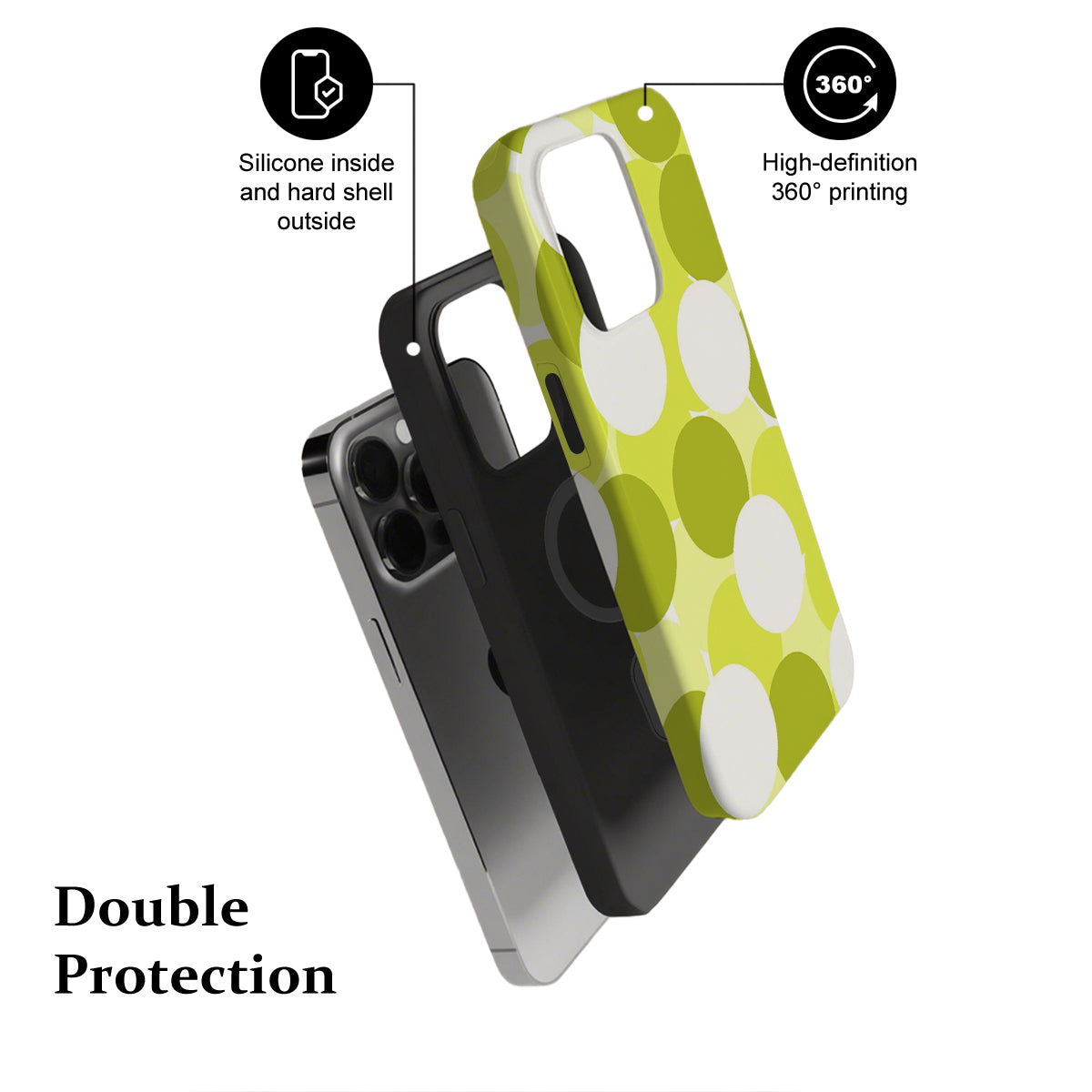 Phone case with green and white polka dot design and text highlighting features on a white background