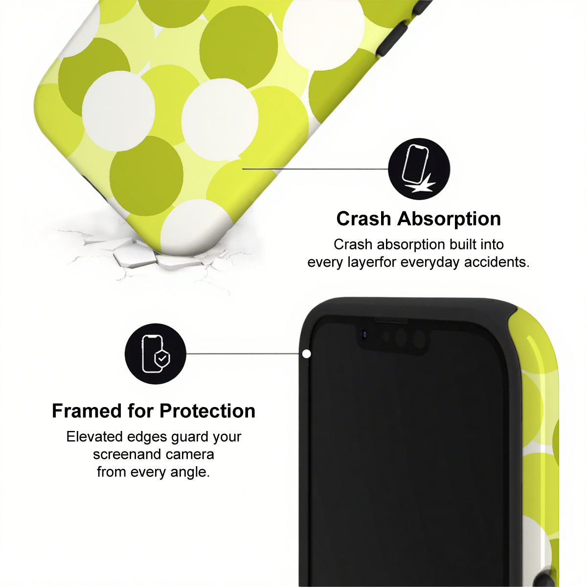 Phone case with green and white polka dot design and text highlighting crash absorption and protection.