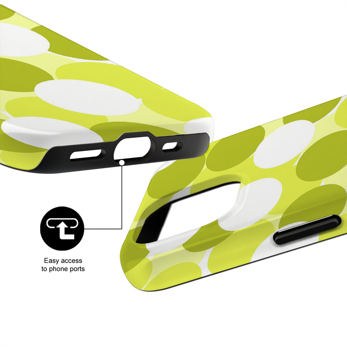 Green and white phone case with design details on a white background