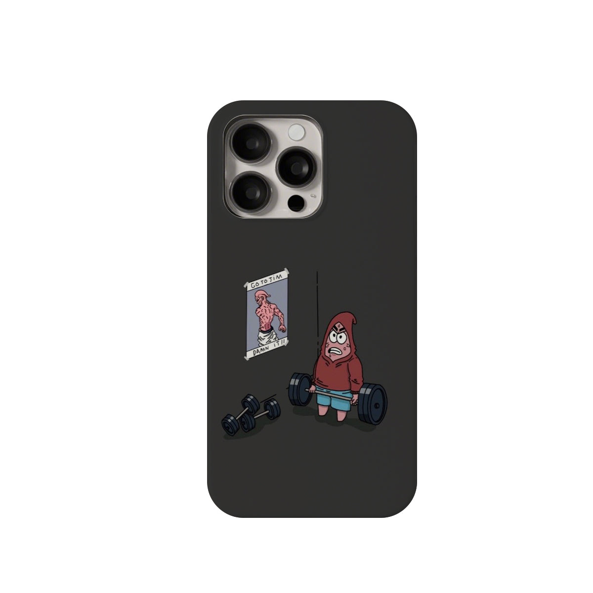 Phone case with cartoon character and dumbbells on a black background