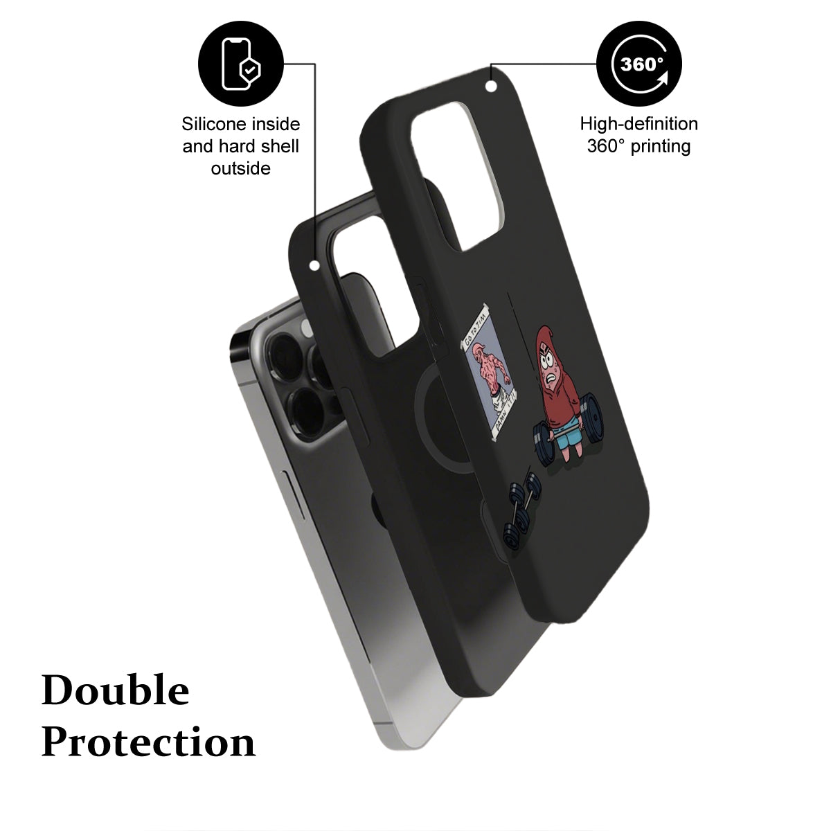 Black phone case with cartoon character design on a white background