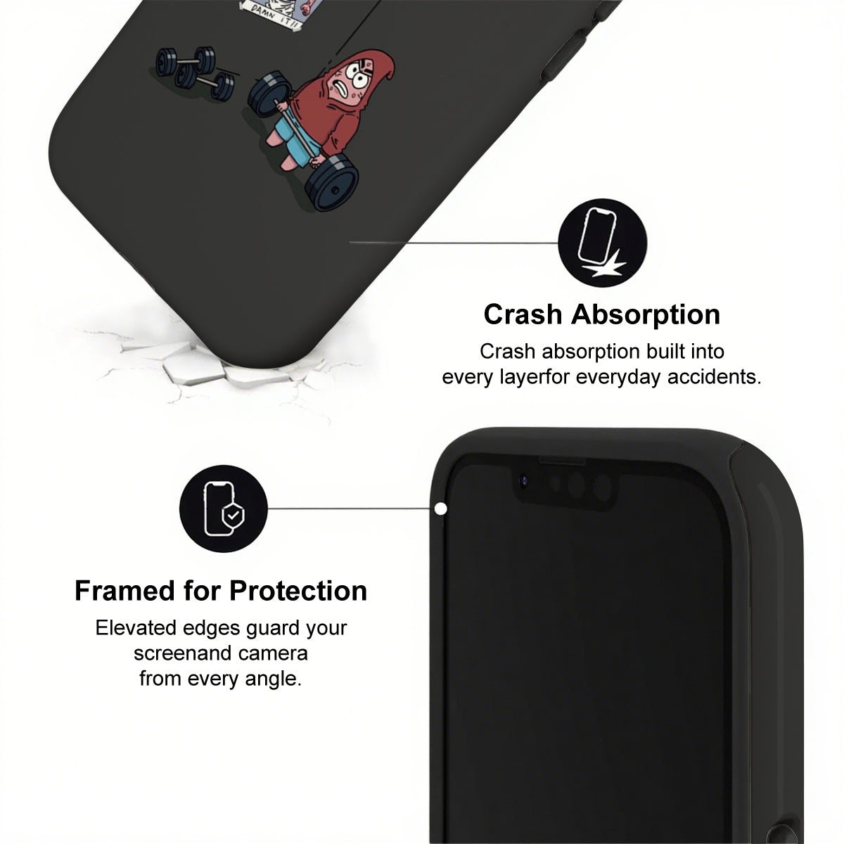 Black phone case with cartoon character and text about crash absorption and protection on a white background