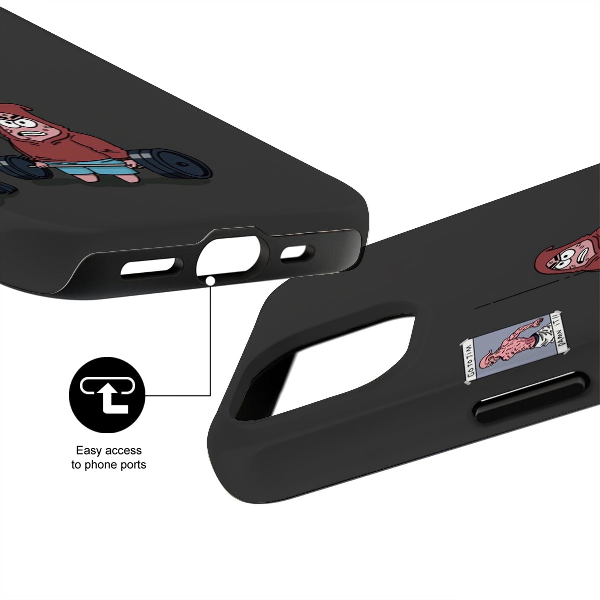 Black phone case with character design and port accessibility features on a white background