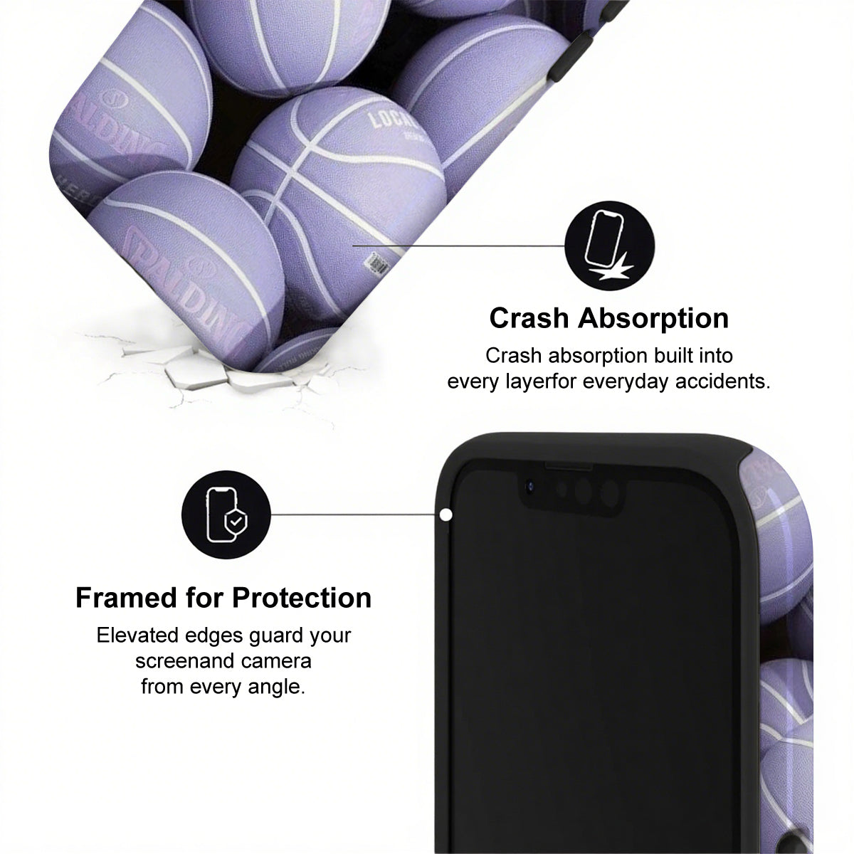 Phone case with crash absorption and protection features, surrounded by purple balls.