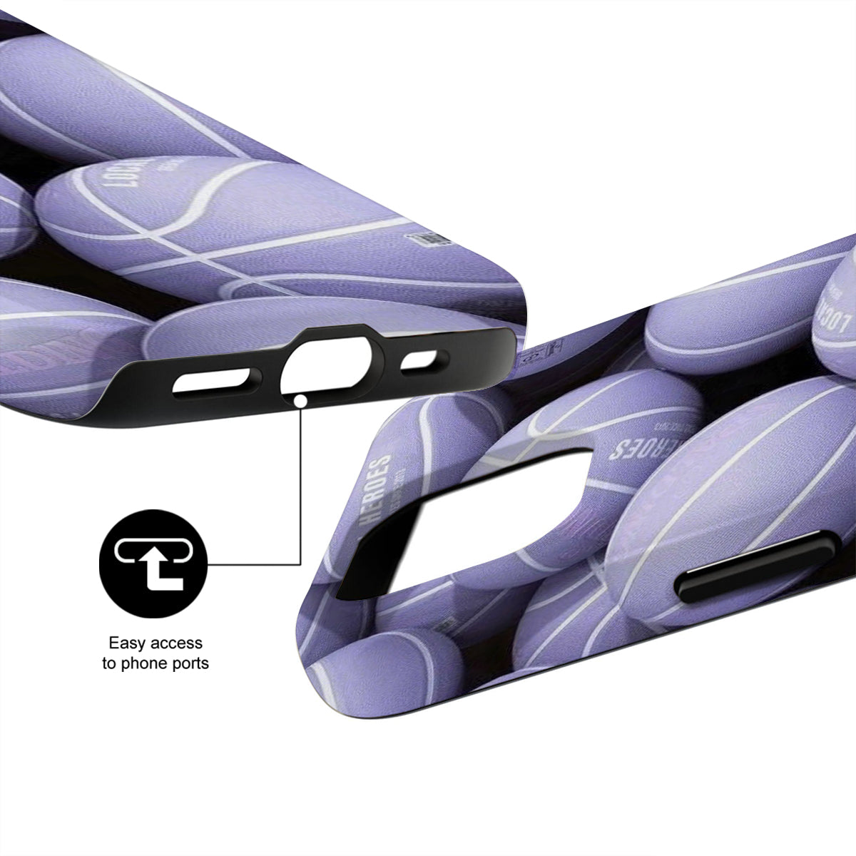 Purple phone case with a design and text, showing easy access to phone ports.