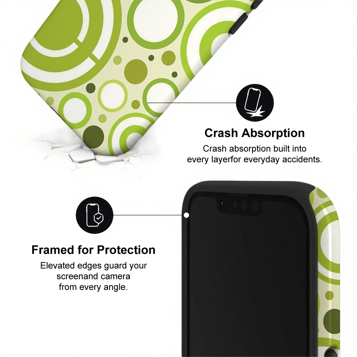 Phone case with green and white circular pattern and text about crash absorption and protection.