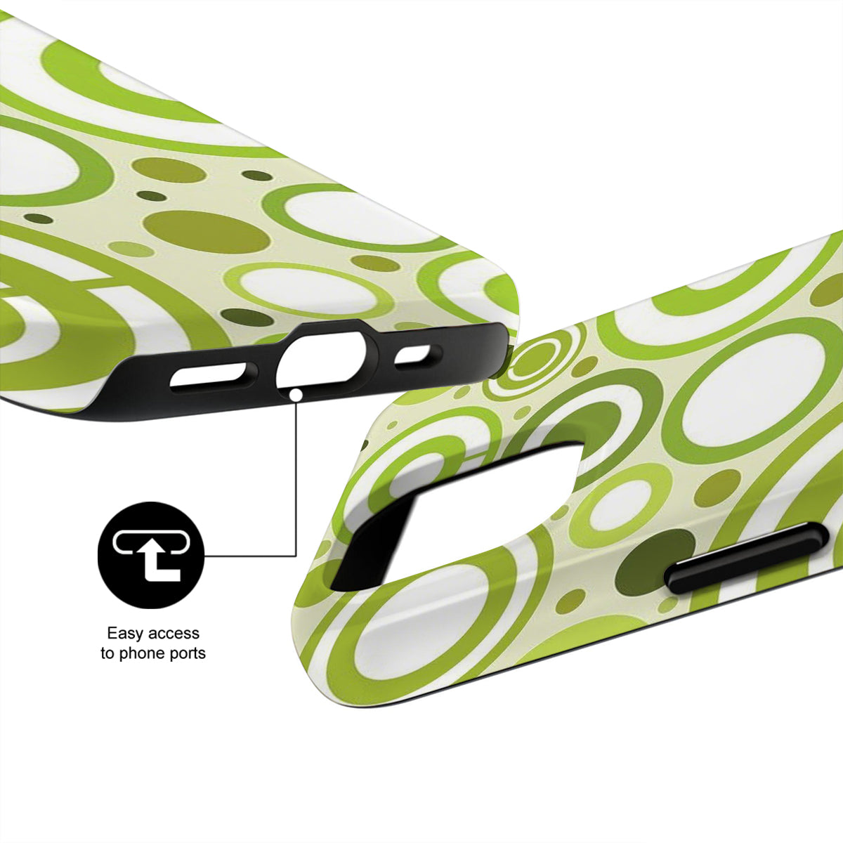 Green and white patterned phone case with ports highlighted on a white background