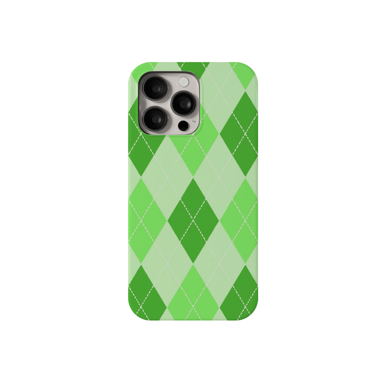 Green and white argyle patterned phone case on a white background