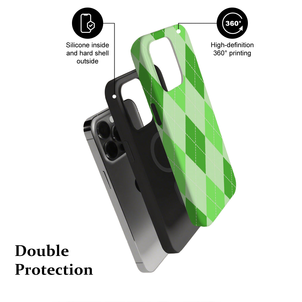 Green and black phone case with text highlighting features on a white background