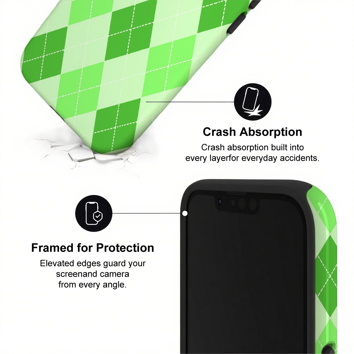 Green and black phone case with text on crash absorption and protection.
