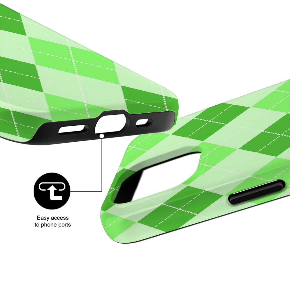 Green and white checkered phone case with ports labeled on a white background