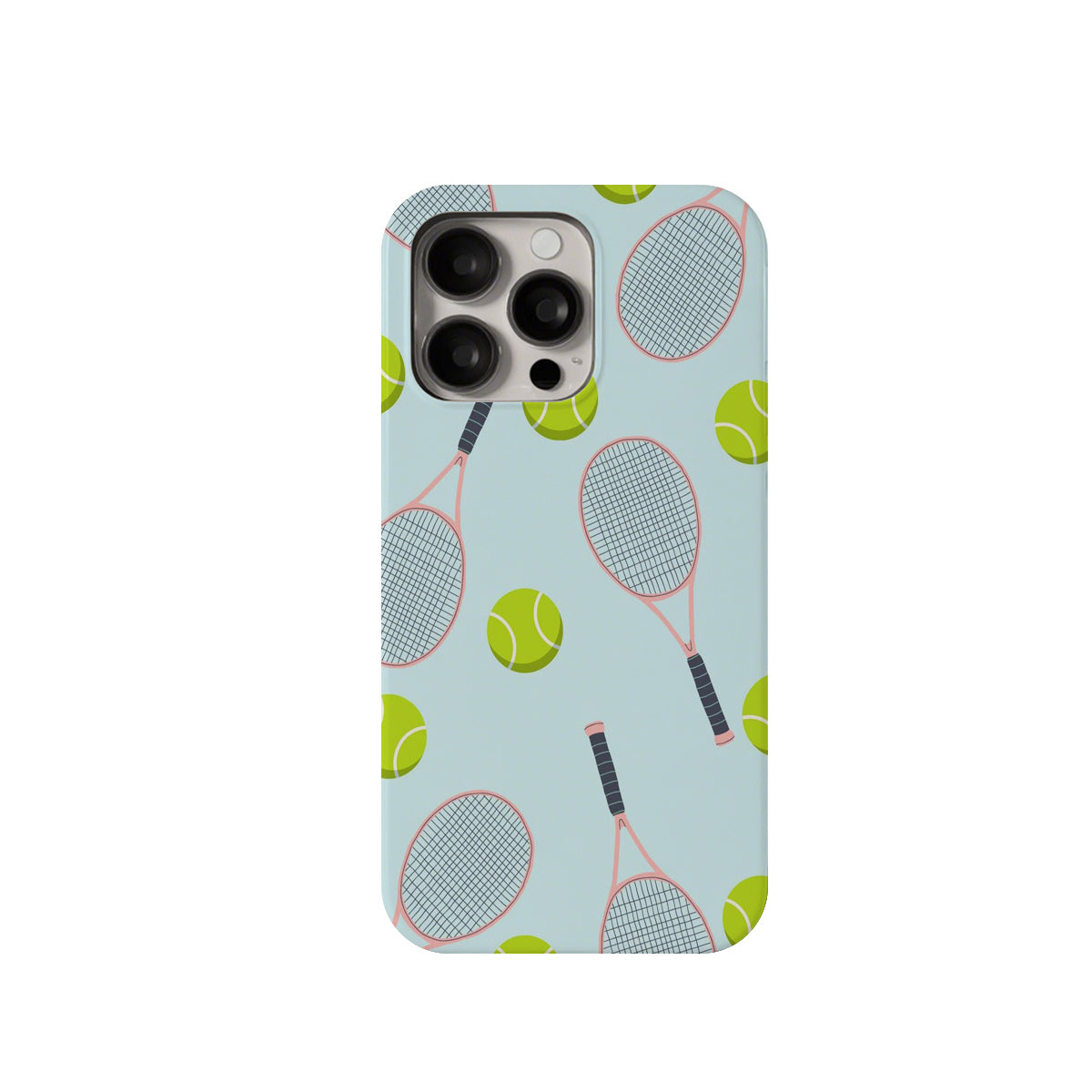 Phone case with tennis racket and ball design on a light blue background