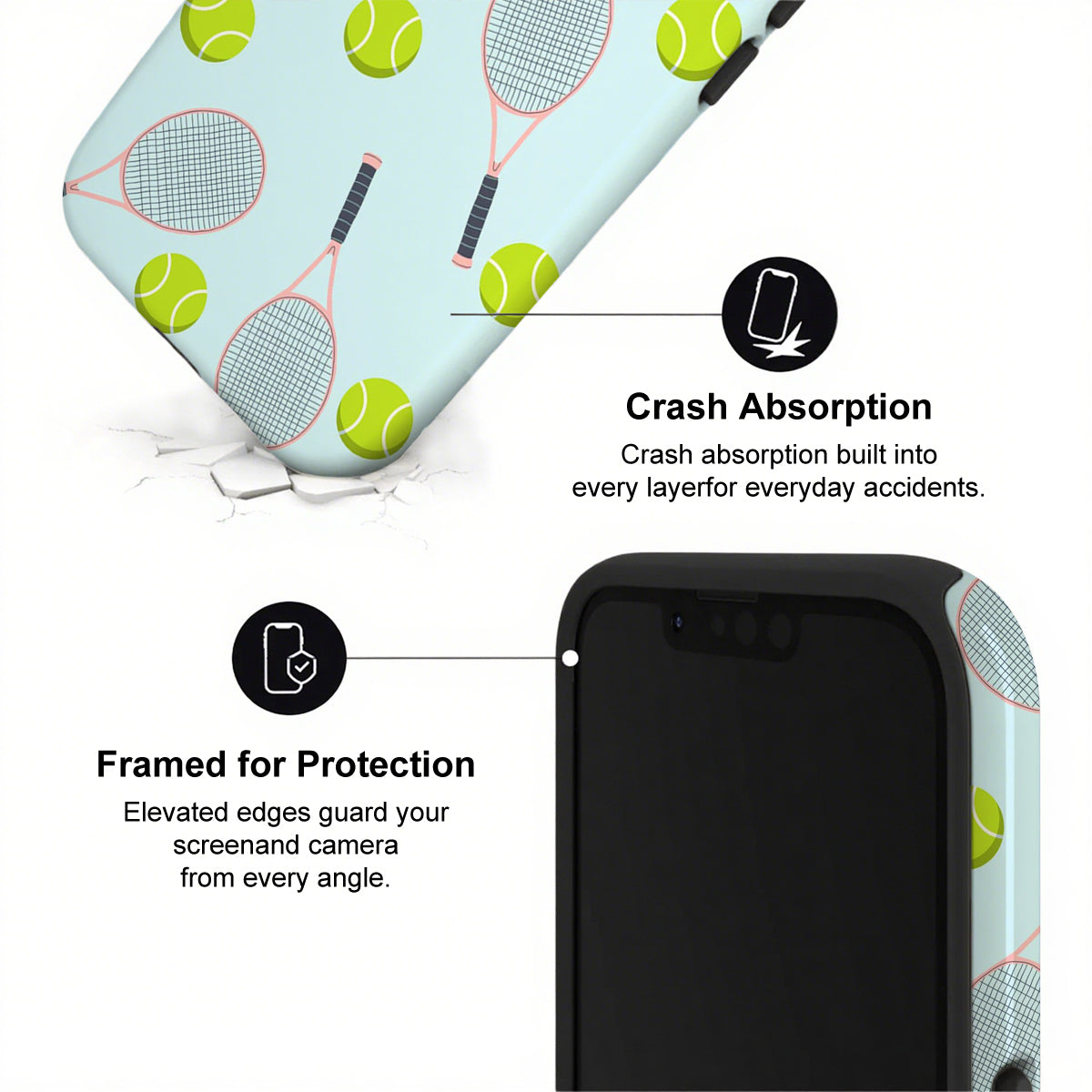 Phone case with tennis racket and ball design, featuring crash absorption and protection features.