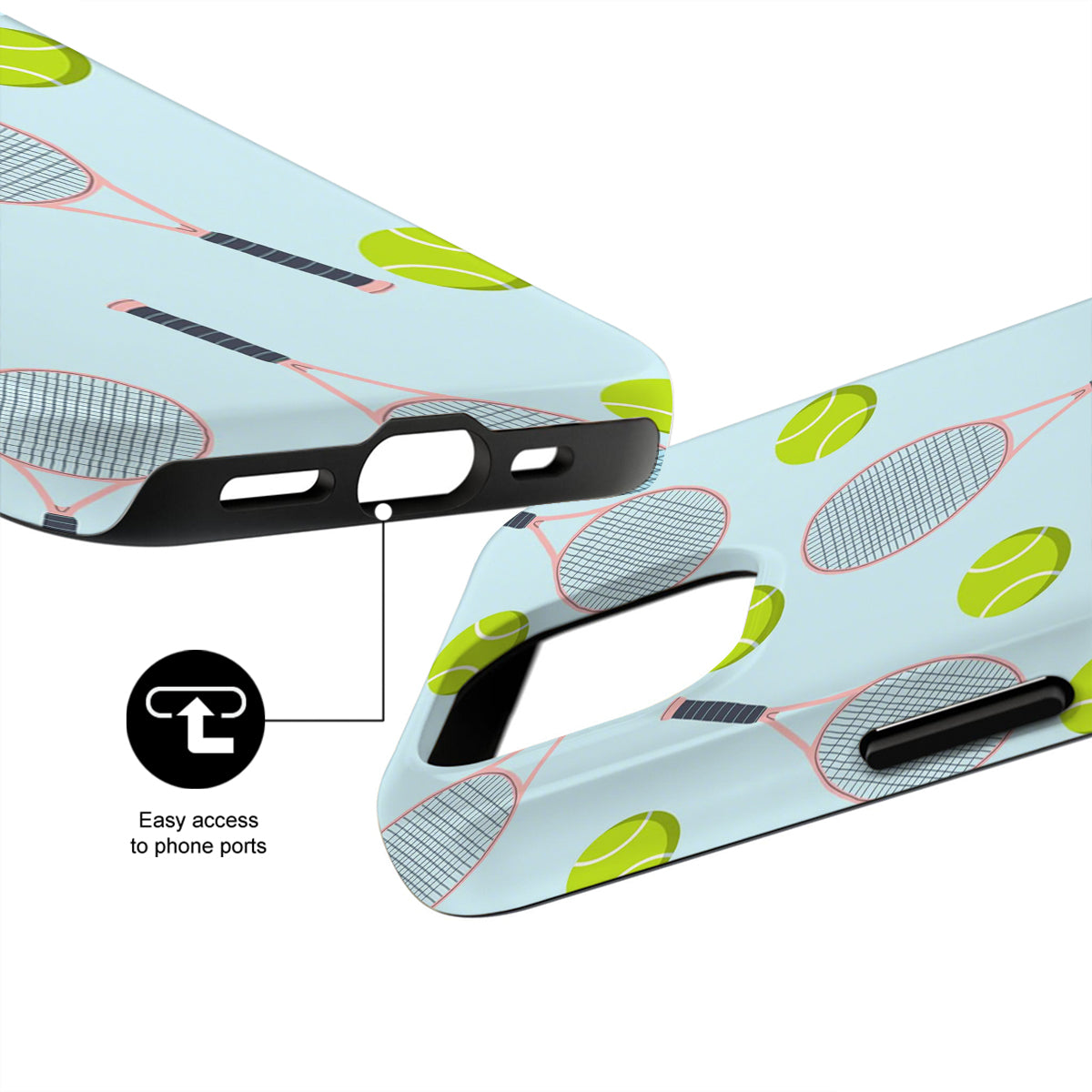 Phone case with tennis racket and ball design on a light blue background