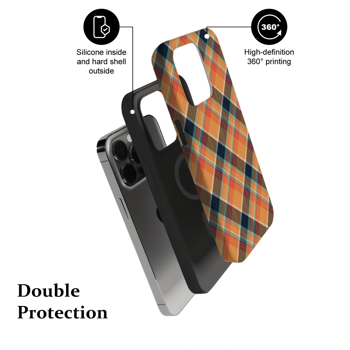 Phone case with plaid design and text highlighting features on a white background