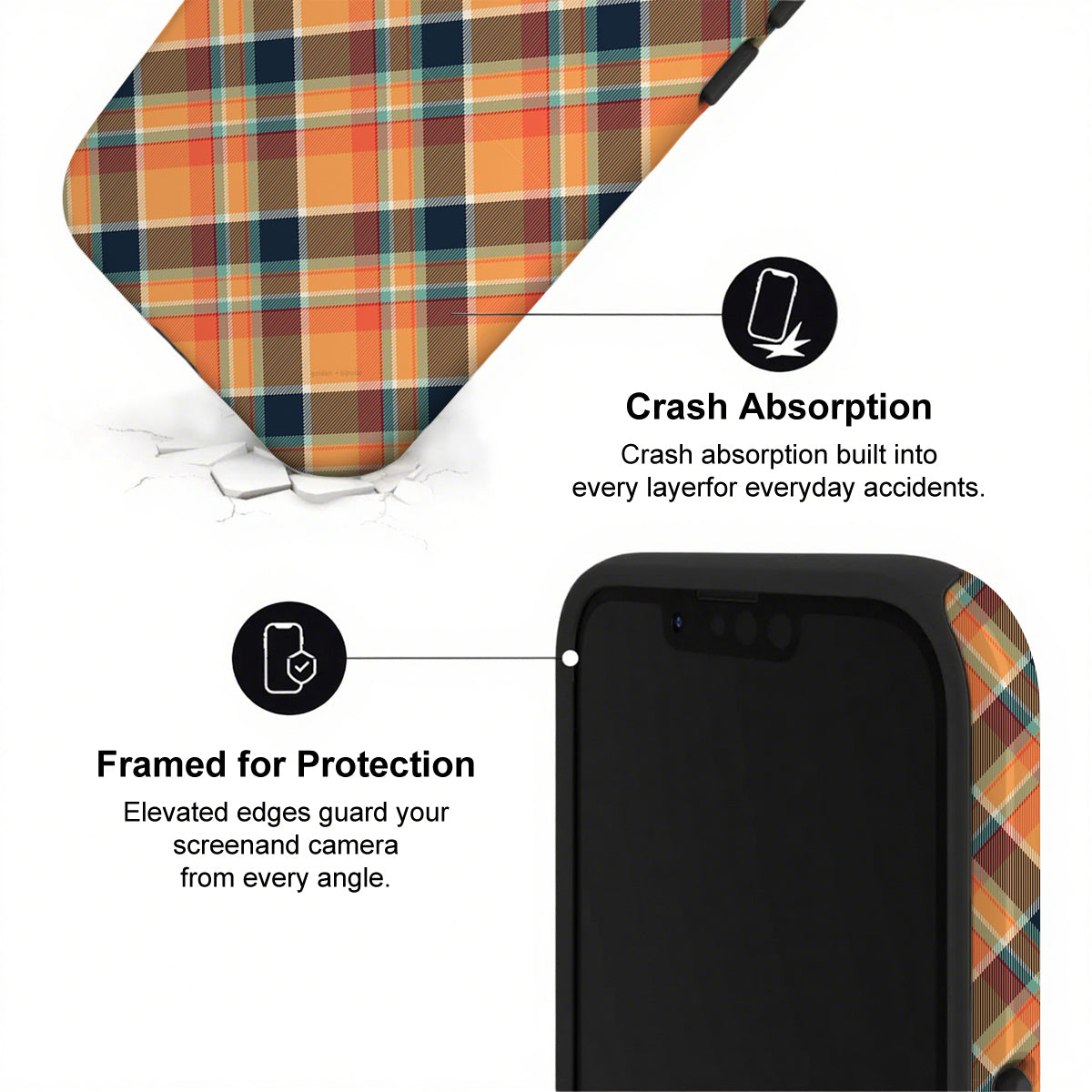 Phone case with plaid design and text highlighting crash absorption and protection features.