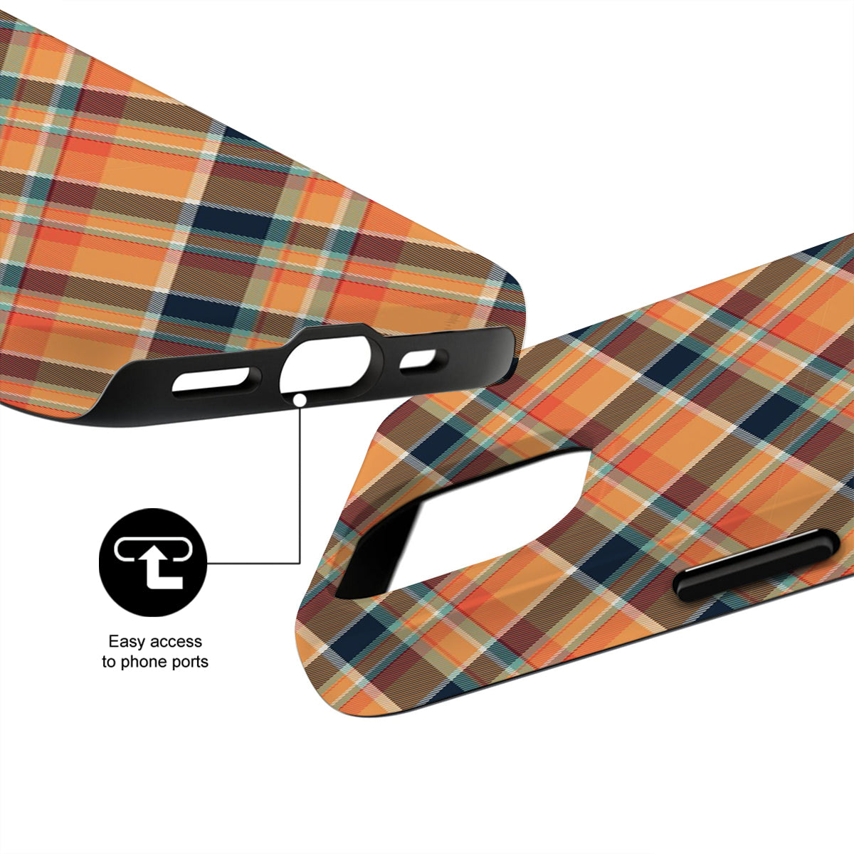 Plaid phone case with black accents on a white background