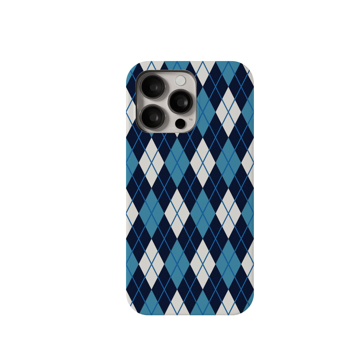 Phone case with blue and white argyle pattern on a white background