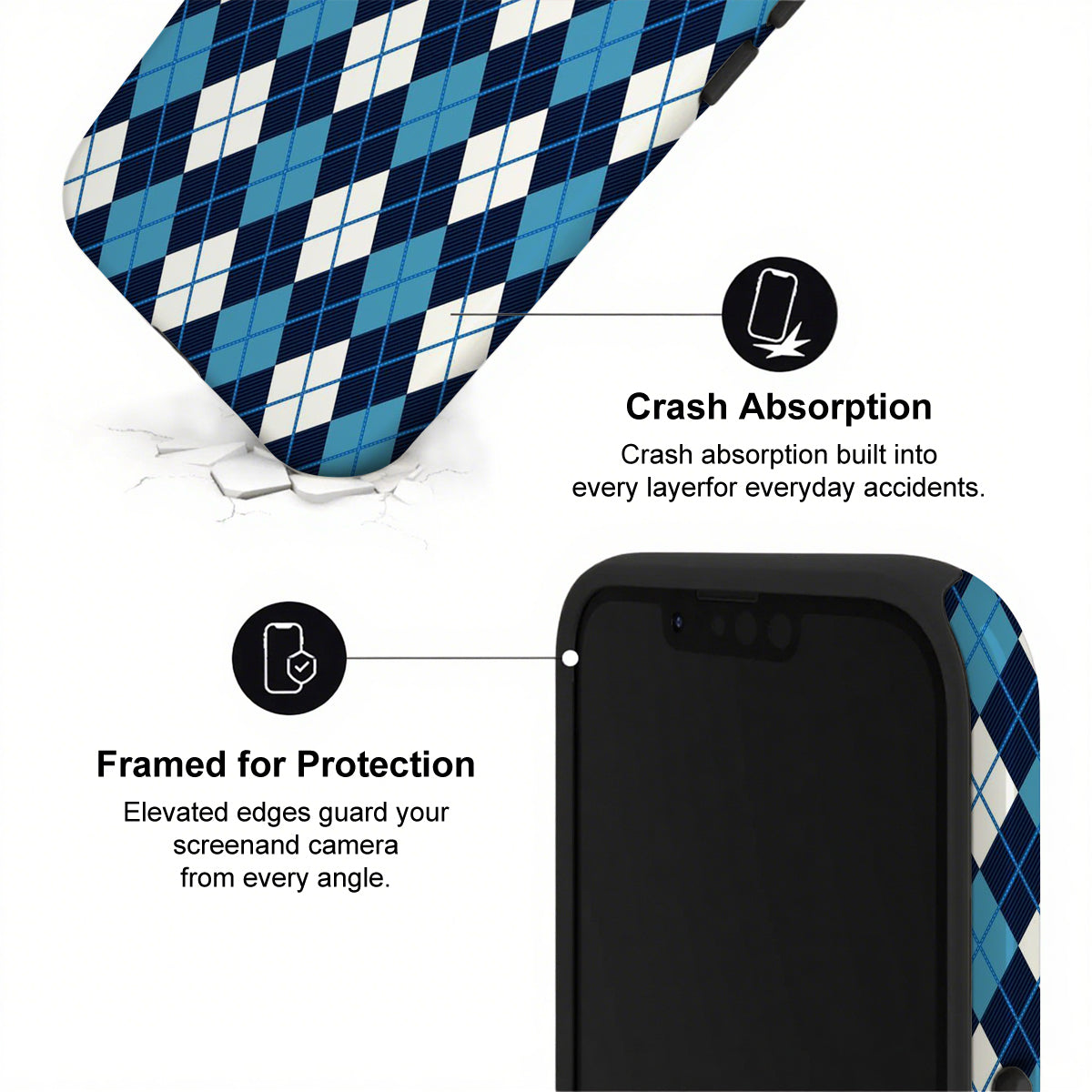 Phone case with blue and white checkered pattern and text highlighting crash absorption and protection.